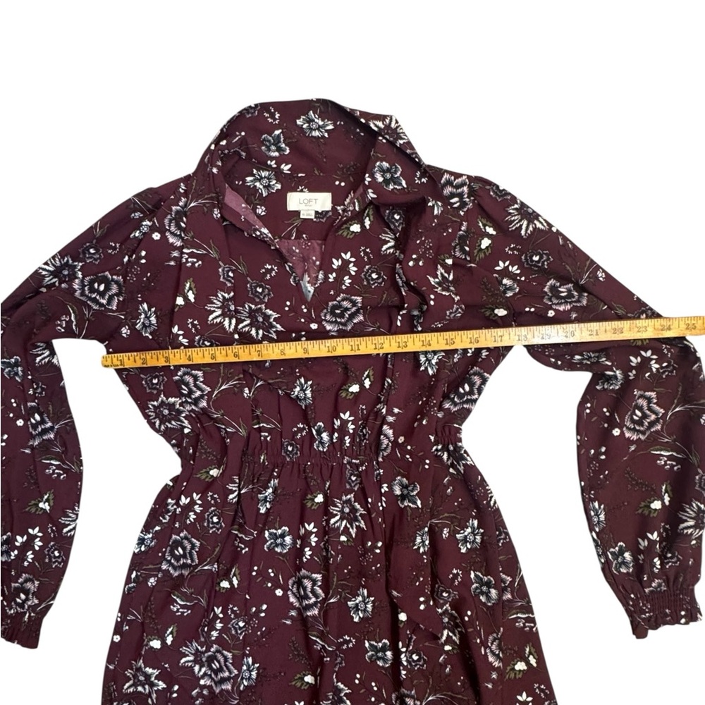 LOFT Floral Tie Neck Mini Dress XS Burgundy Long Sleeve - Picture 5 of 7